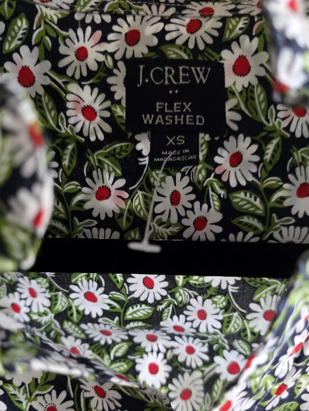 J. Crew Black Short-Sleeve Button-Up with White Daisies and Red Centers
